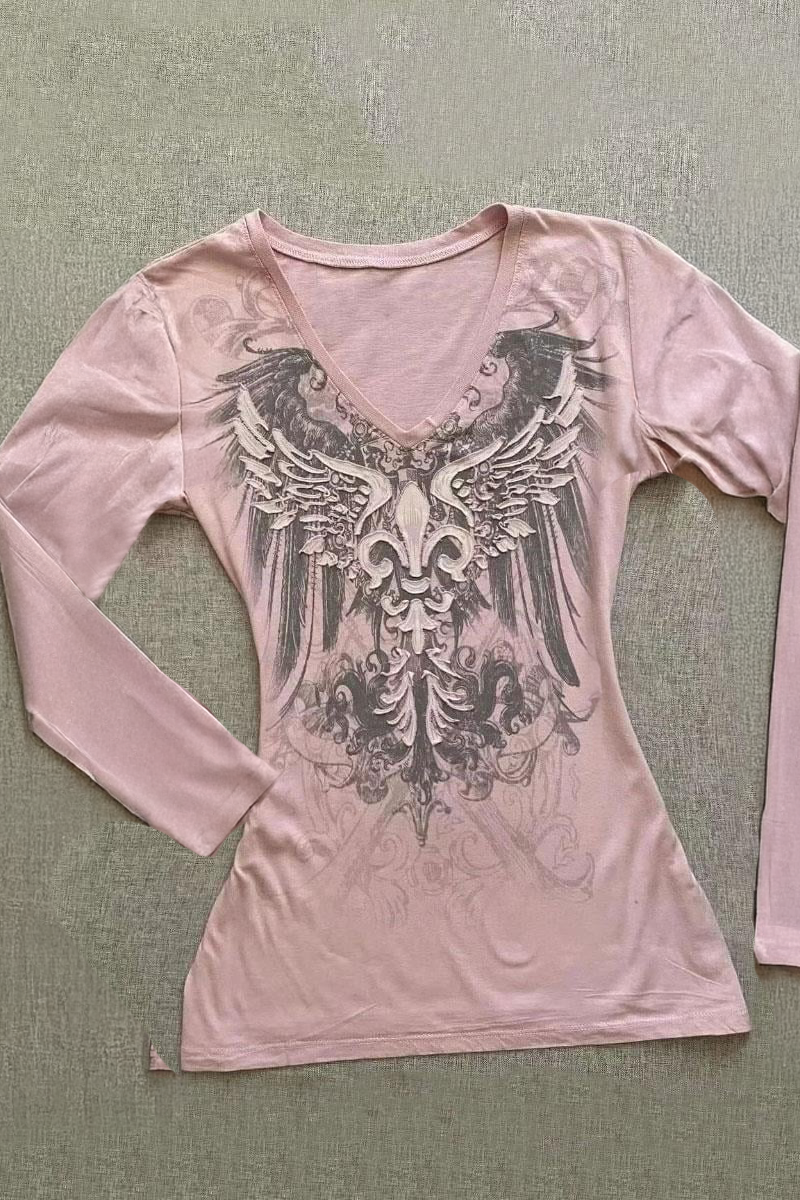 Pembe Gothic Wing Y2K Uzun Kollu Crop
