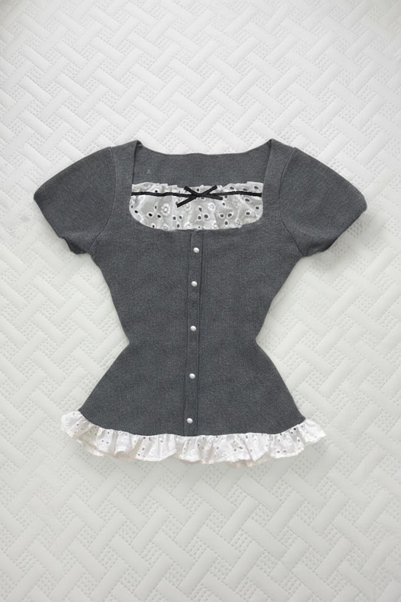 Antrasit Coquette Köprü Detaylı Fırfırlı Dantelli Y2K Kısa Kollu Crop