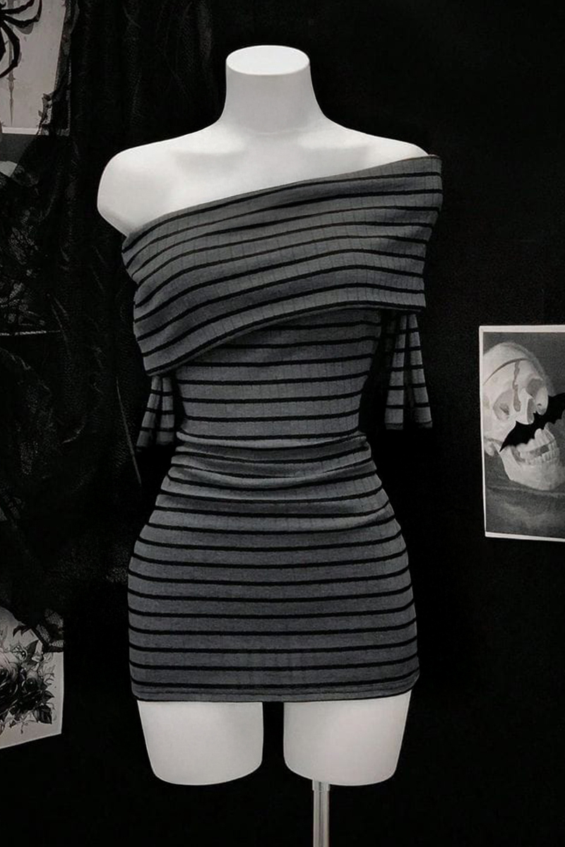 Antrasit Siyah Çizgili Omuz Dekolteli Kısa Kollu Bodycon Elbise