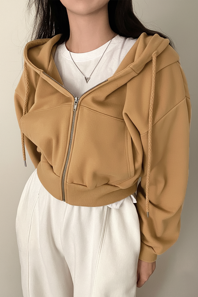 Bej Crop Top Kalın Kumaş Kapüşonlu Unisex Hırka 
