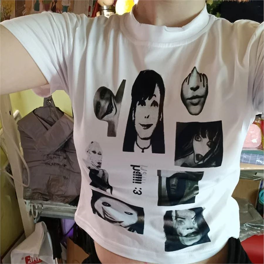 Beyaz Collage Of Fear Faces Kısa Kollu Crop 