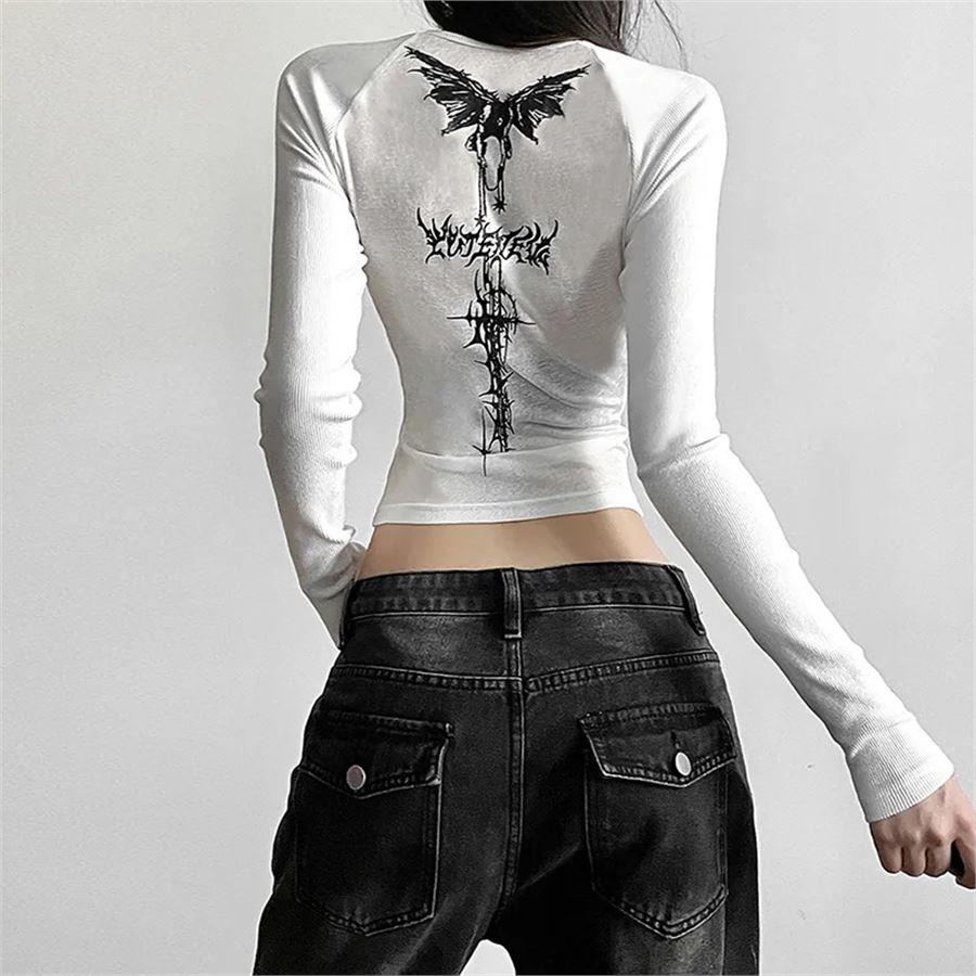 Beyaz Gothic Dragon Slayer Uzun Kollu Crop 