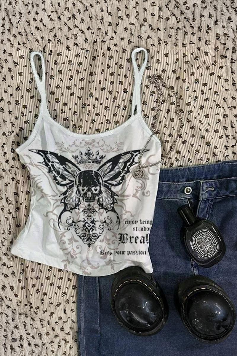 Beyaz Gothic Skull Butterfly Askılı Crop