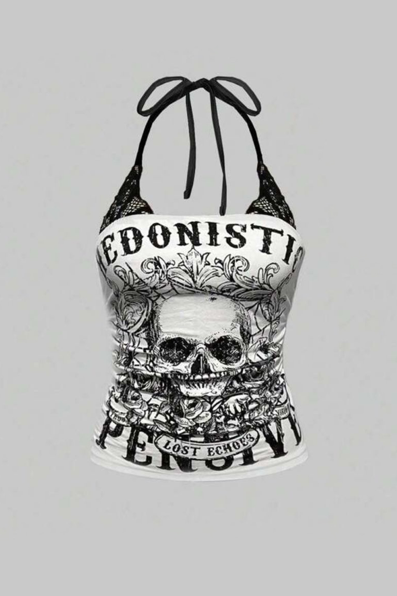 00s L.G.B skull キャミソール archive y2k 希少 Beyaz Hedonistic Skull Dantel Detaylı Y2K Askılı Crop
