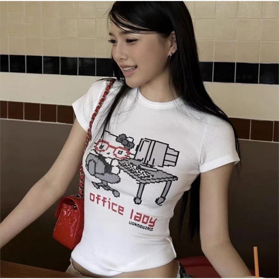 Beyaz Hello Kitty Office Lady Kısa Kollu Crop