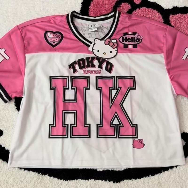 Beyaz Hello Kitty Pembe Parçalı Tokyo Speed HK Kısa Kollu Crop