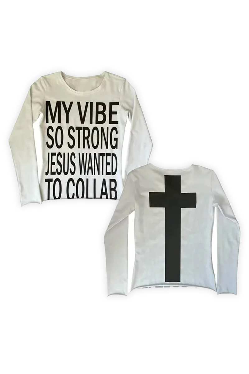 Beyaz My Vibe Cross Sırt  Baskılı Y2K Uzun Kollu Crop