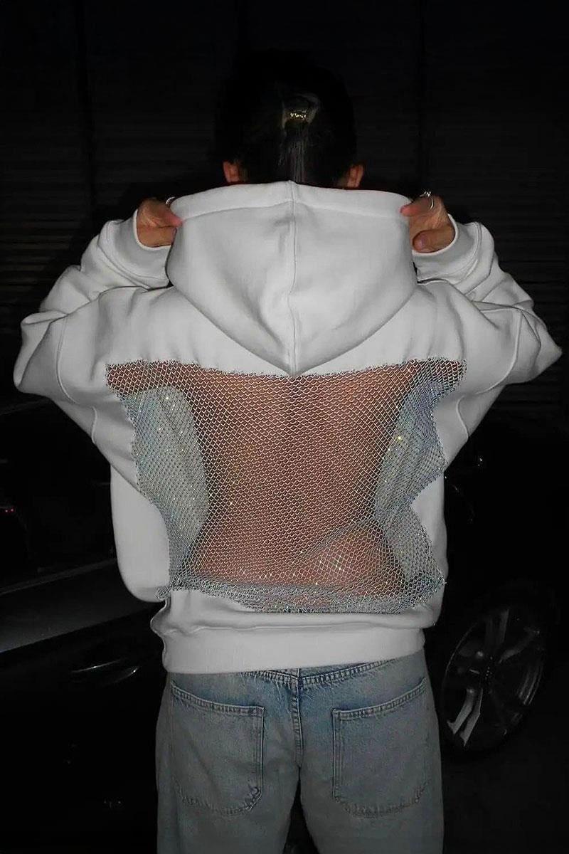 Beyaz Sırtı Fileli Taşlı Transparan Kapüşonlu Sweatshirt