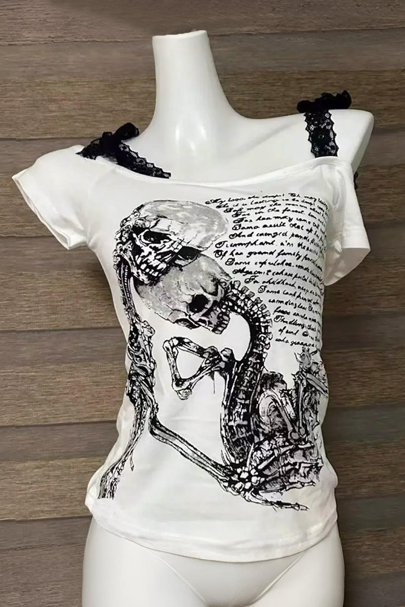 Beyaz Skulls Letter Love Body Cyber Grunge Madonna Yaka Askılı Crop