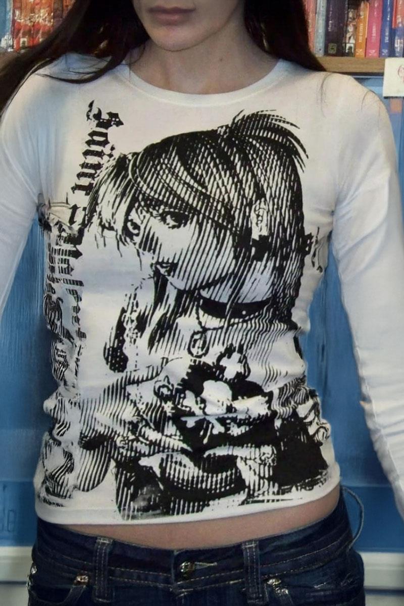 Beyaz Vintage Anime Misa Amane Saint Gotik Y2K Uzun Kollu Crop