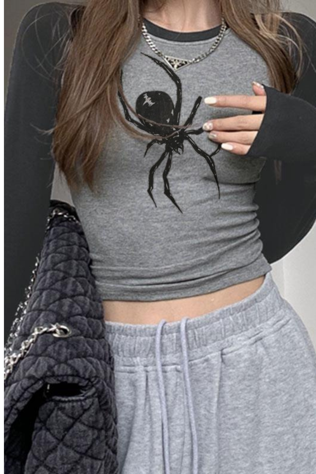 Black Widow Raglan Kollu Gri Melanj Basic Uzun Kollu Crop