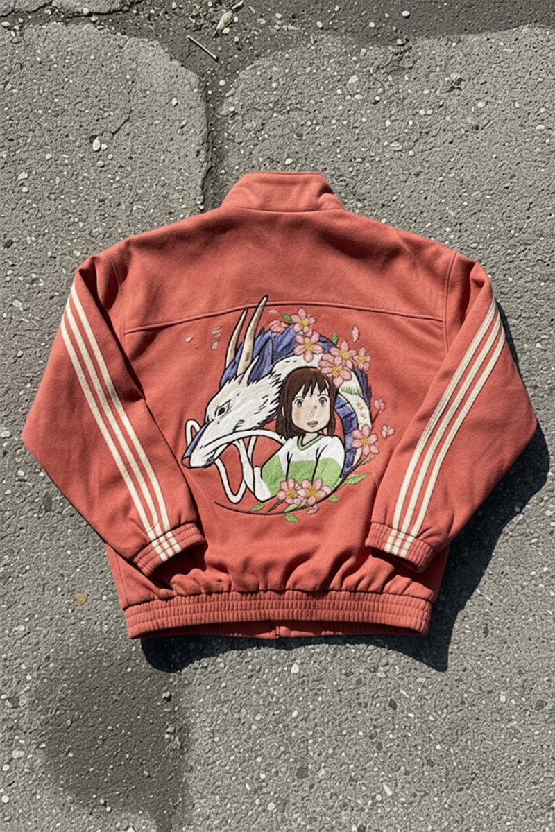 Bordo Anime Spirited Away Haku ve Chihiro Baskılı Üç Şeritli Sakura Unisex Bomber Ceket