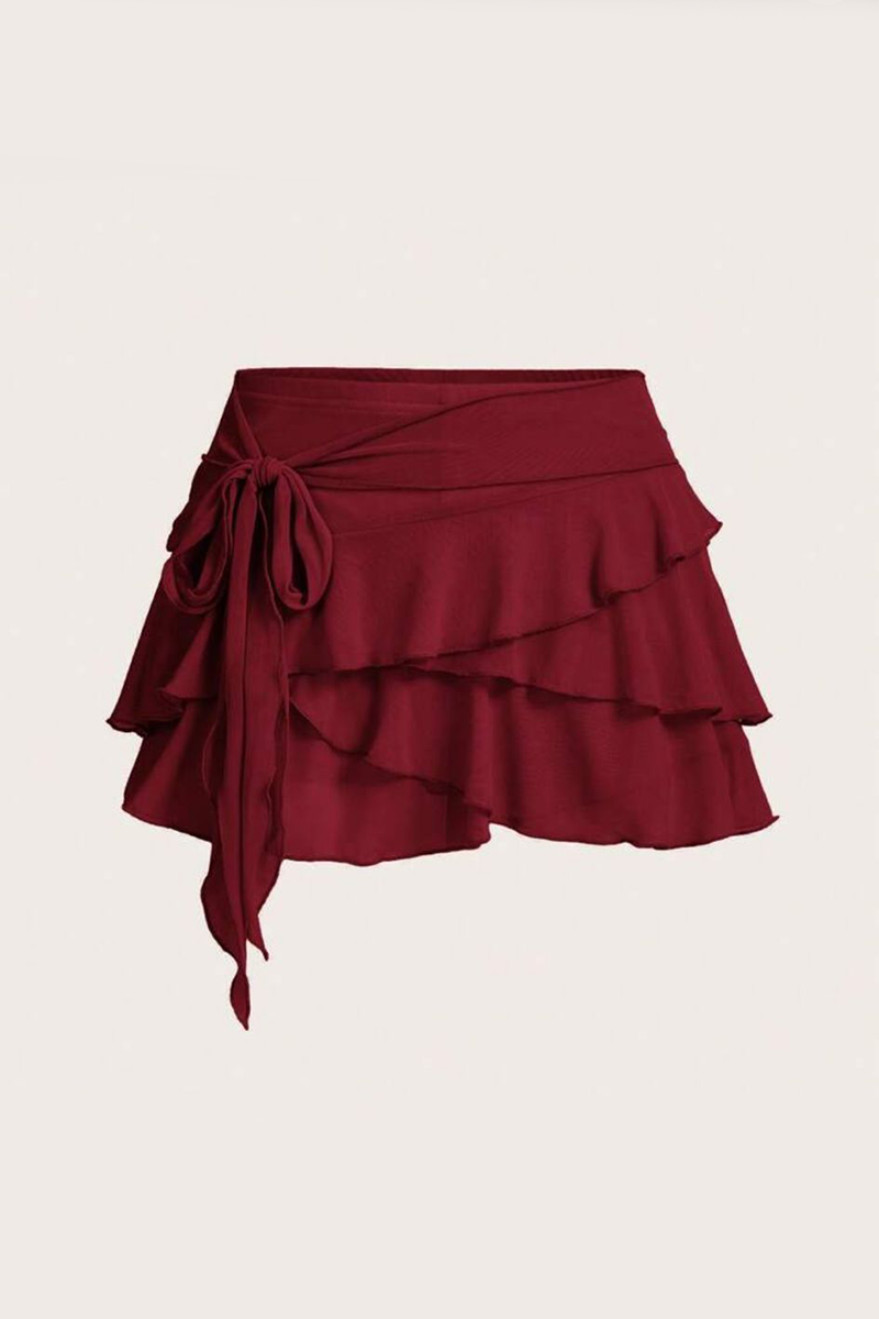 Bordo Bohem Katlı Fiyonklu Y2K Mini Etek