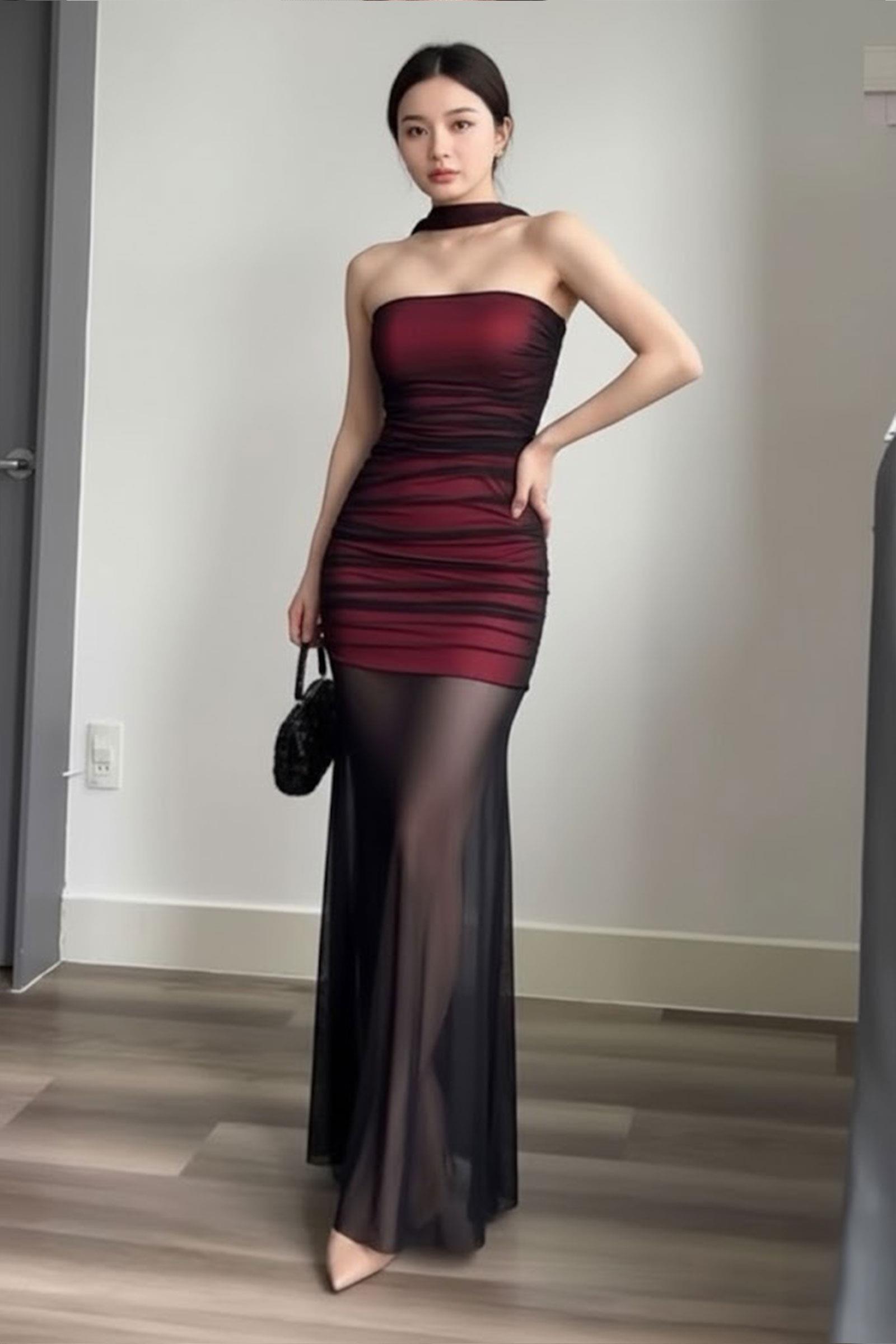 Bordo Gotik Transparan Tül Uzun Elbise