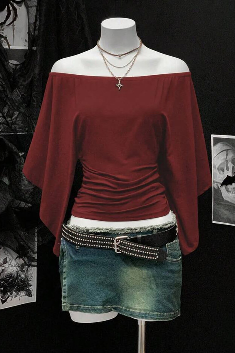 Bordo Madonna Yaka Yarasa Kol Düz Y2K Uzun Kollu Crop