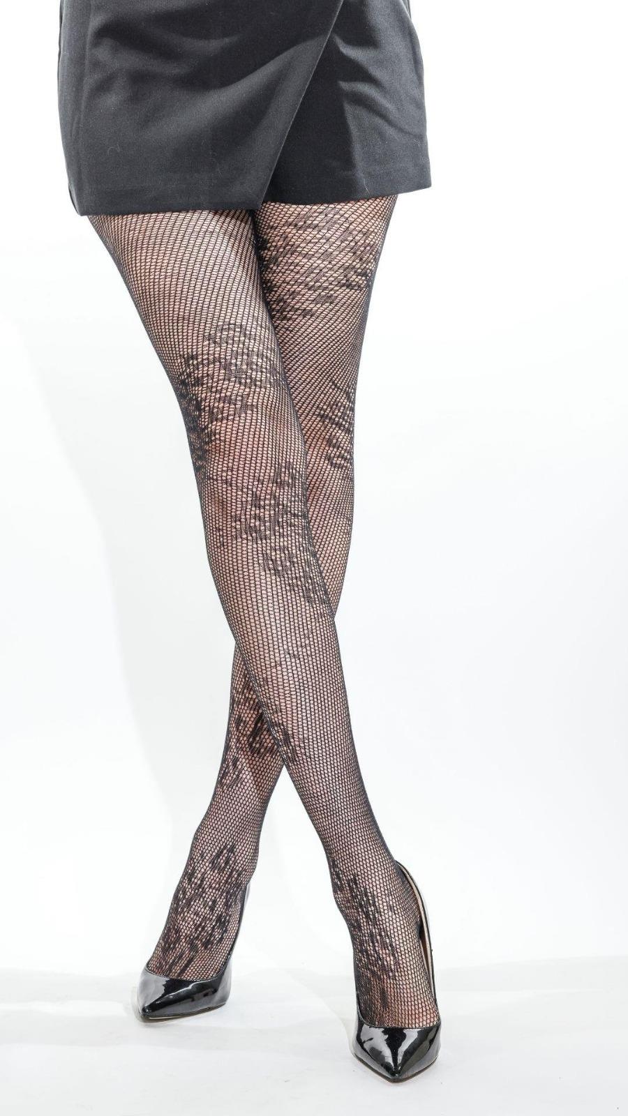 Dantel Desenli Siyah Fileli Külotlu Çorap