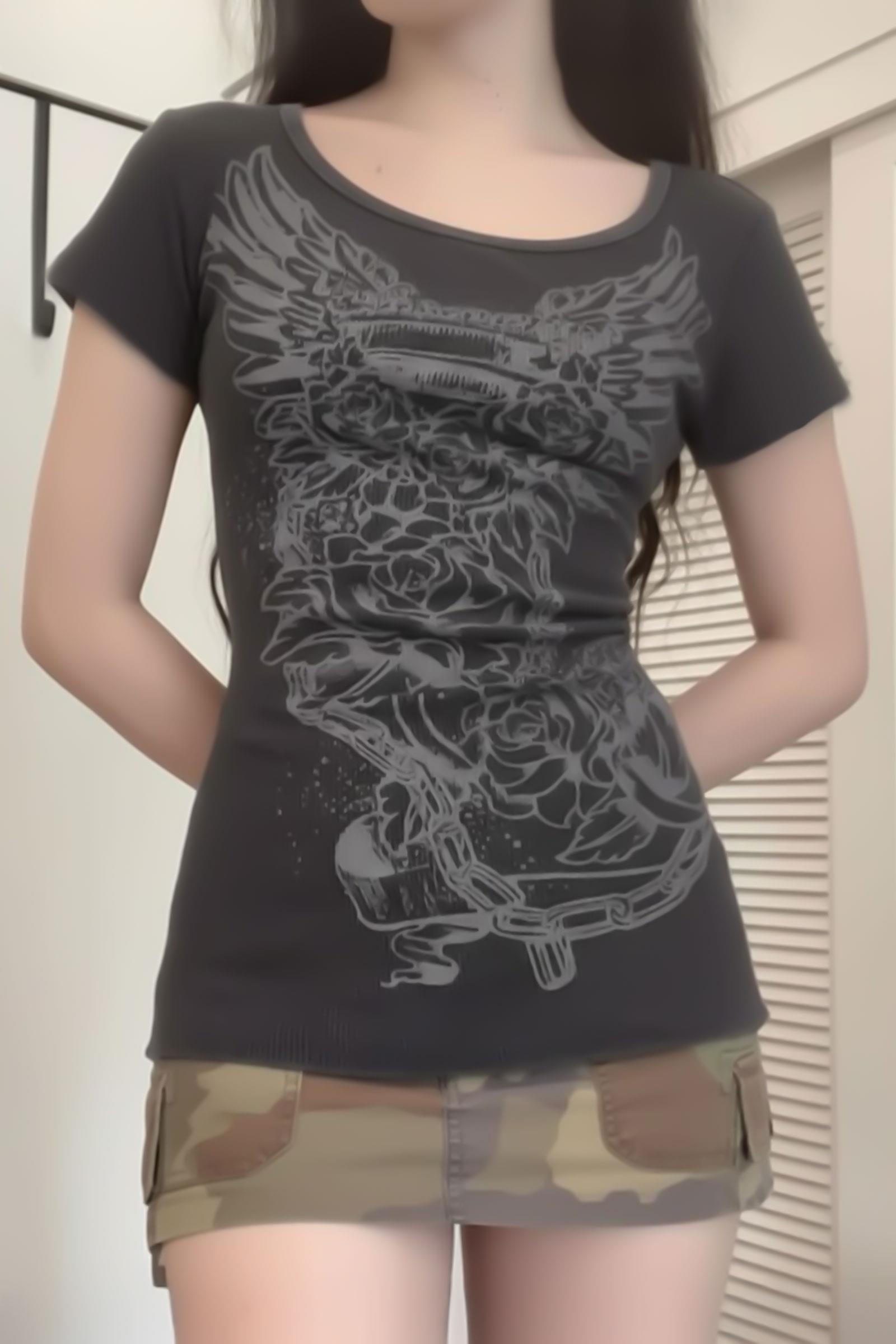 Füme Gotik Vintage Rose Kısa Kollu Crop