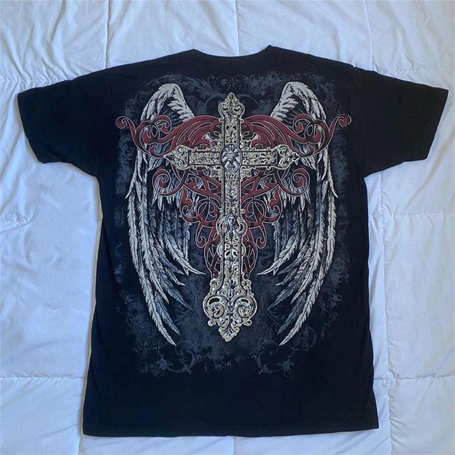 Füme Vintage Angel Wings Cross Cyber Grunge Unisex T-shirt