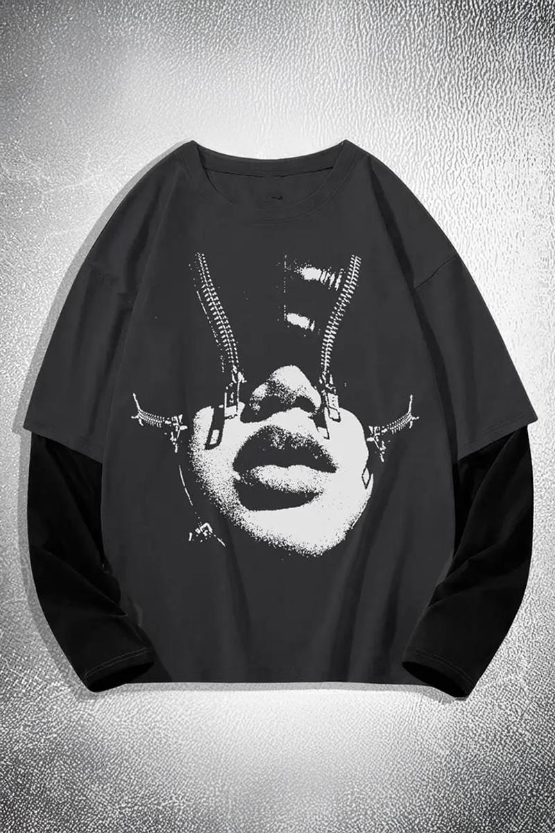 Füme Women Portre Siyah Kollu İnce Gotik Sweatshirt