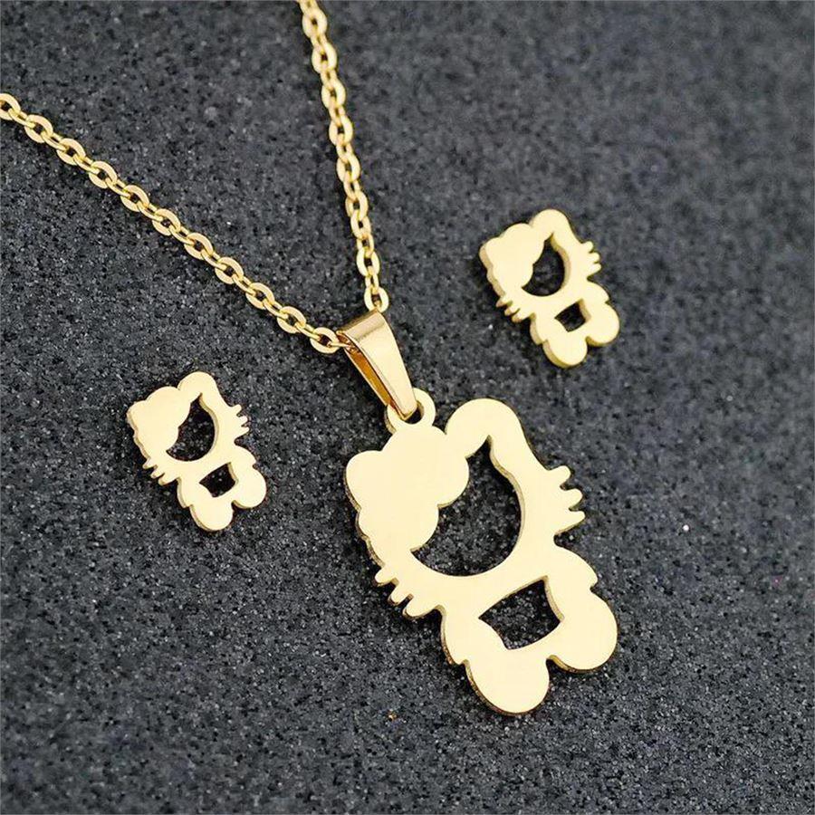 Gold Hello Kitty Silüet Kolye Ve Küpe Seti 
