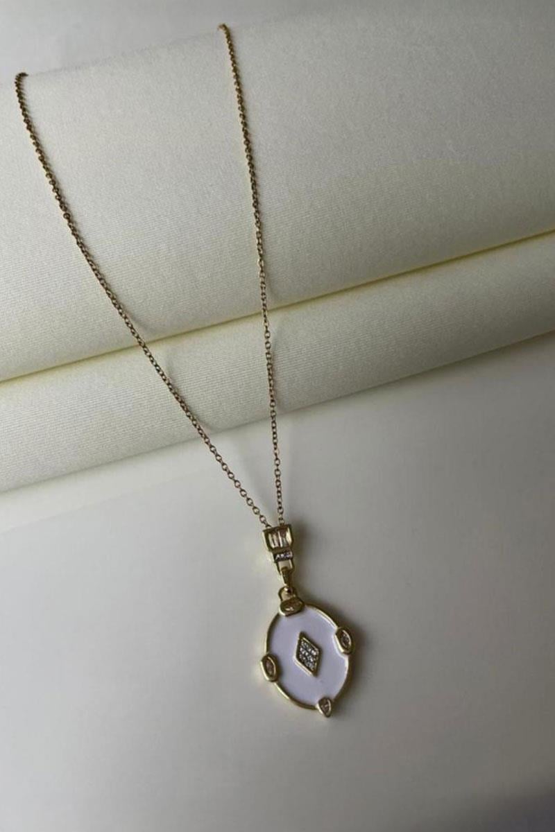 Gold Zirkon Taşlı Oval Kolye 