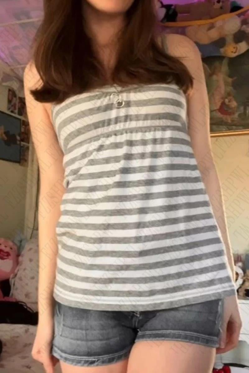Gri Beyaz Çizgili Salaş Kesim Askılı Crop