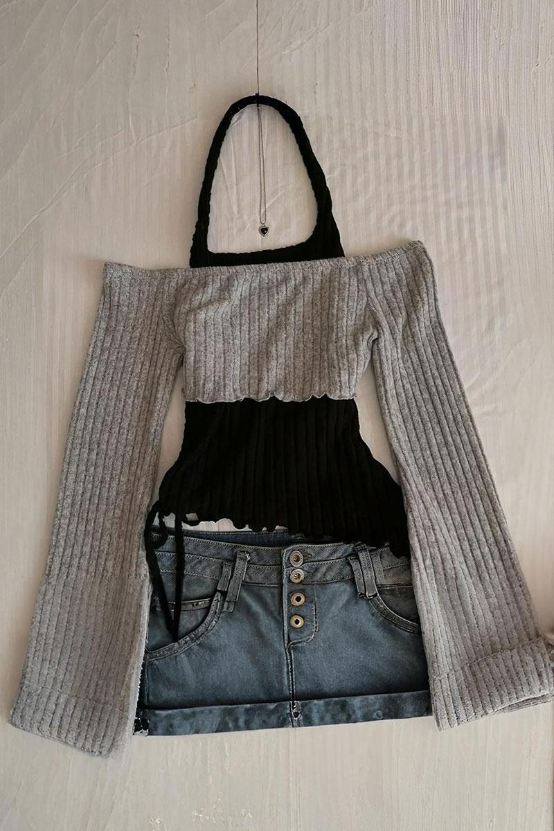 Gri Boyundan Bağlamalı Omuz Açık Uzun Kollu Crop