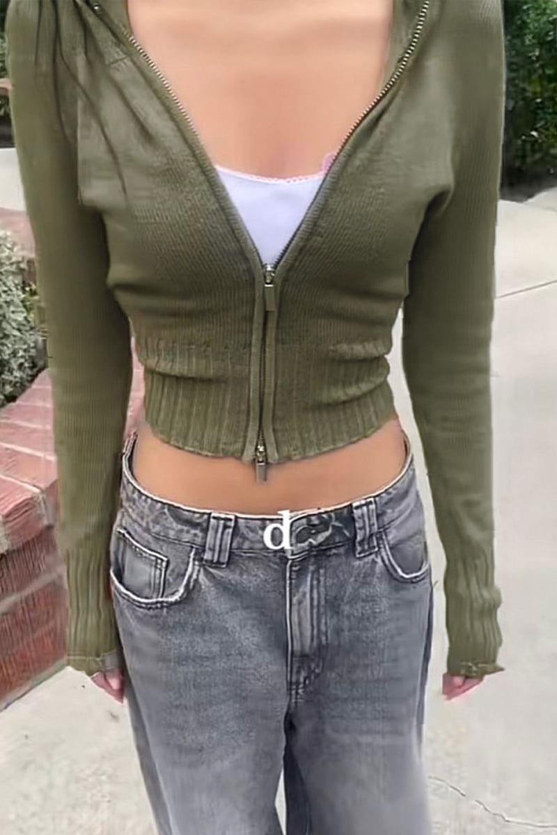 Gri Kapüşonlu Lastik Örgü Detaylı  Y2K Crop Hırka