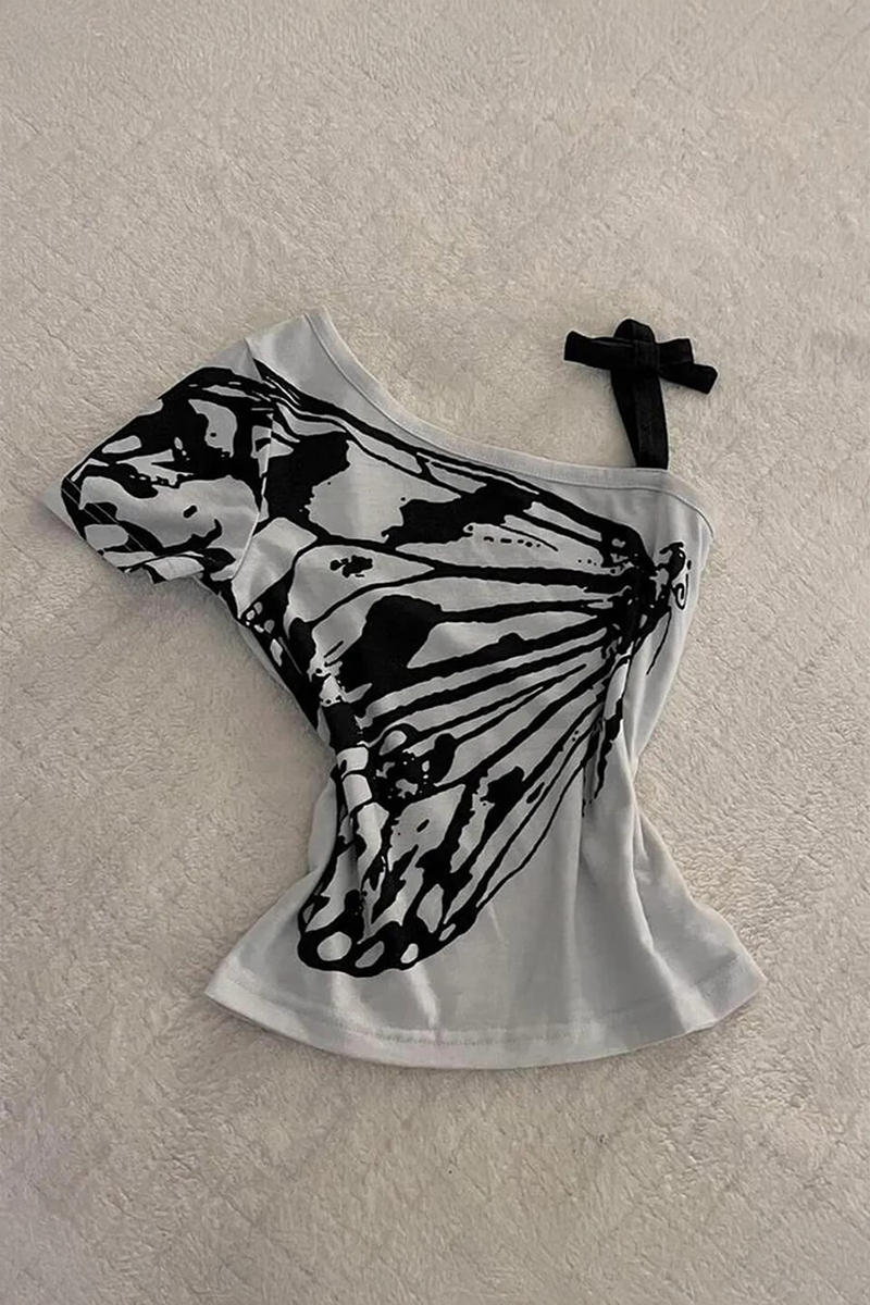 Gri Kelebek Kanatlı Askılı Grunge Y2K Kısa Kollu Crop