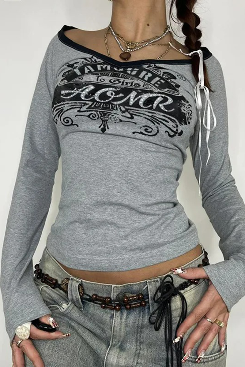 Gri Melanj AOMR Siyah Geniş Yaka Y2K Uzun Kollu Crop