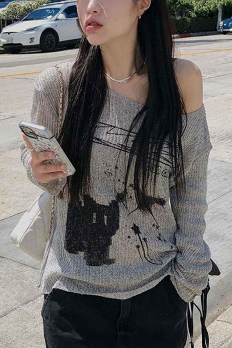 Gri Melanj Cat Omuz Dekolteli Street Y2K Uzun Kollu Crop