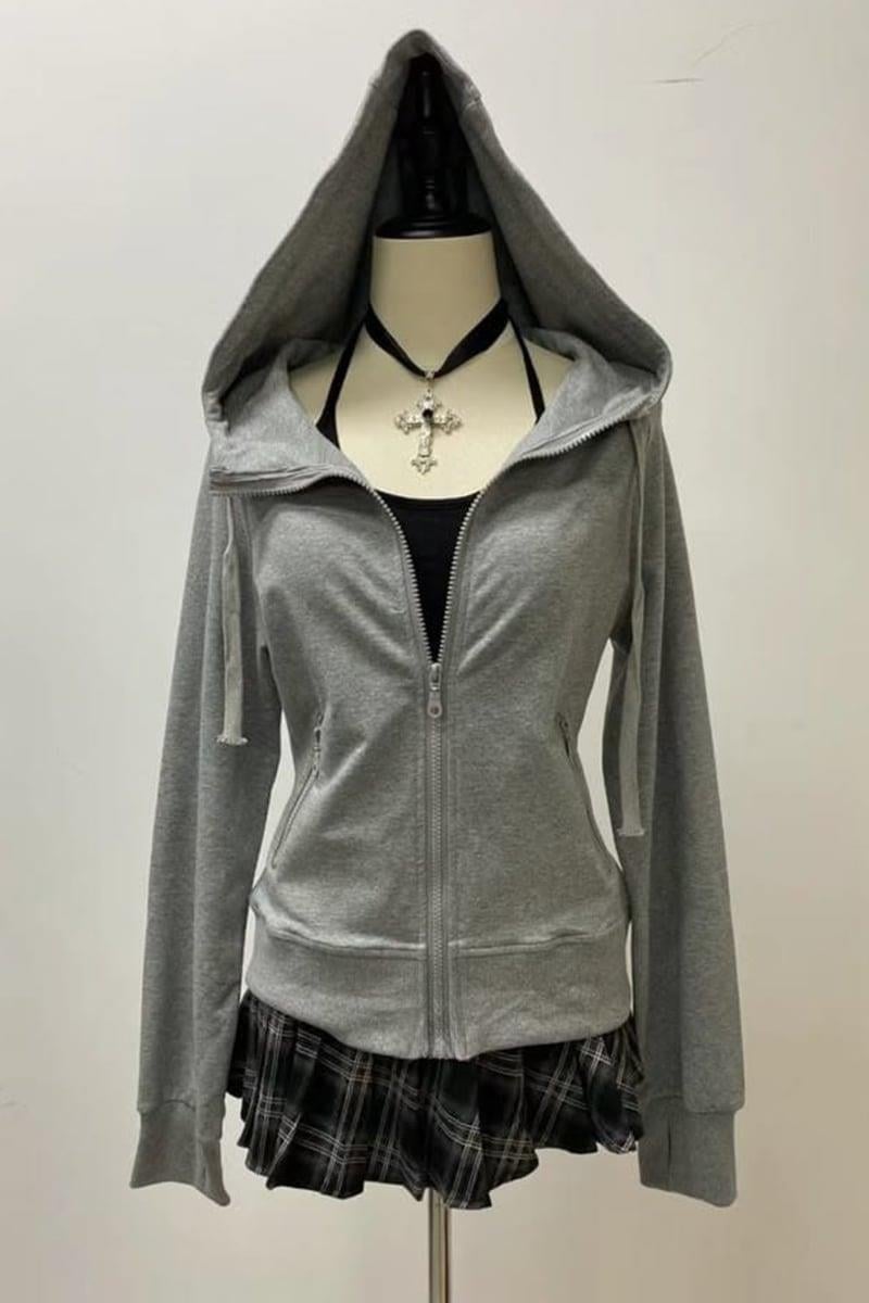 Gri Melanj Düz Cepli Street Y2K Crop Hırka