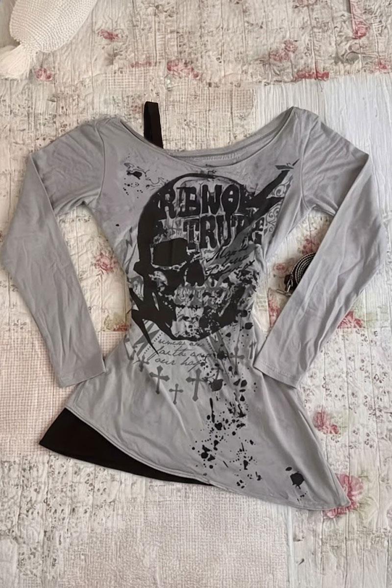 Gri Renol Trut Askılı Ekli Y2K Uzun Kollu Crop