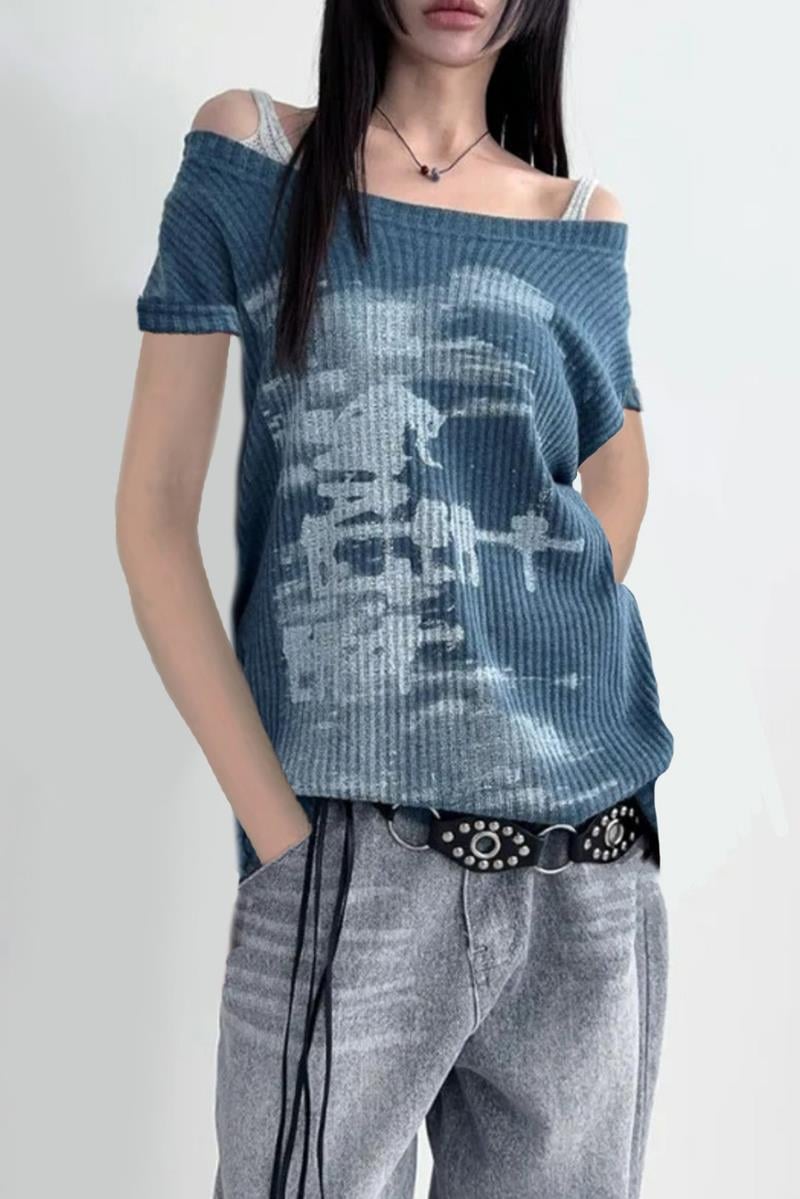 İndigo Vintage Lost Omuz Dekolteli Kısa Kol T-shirt