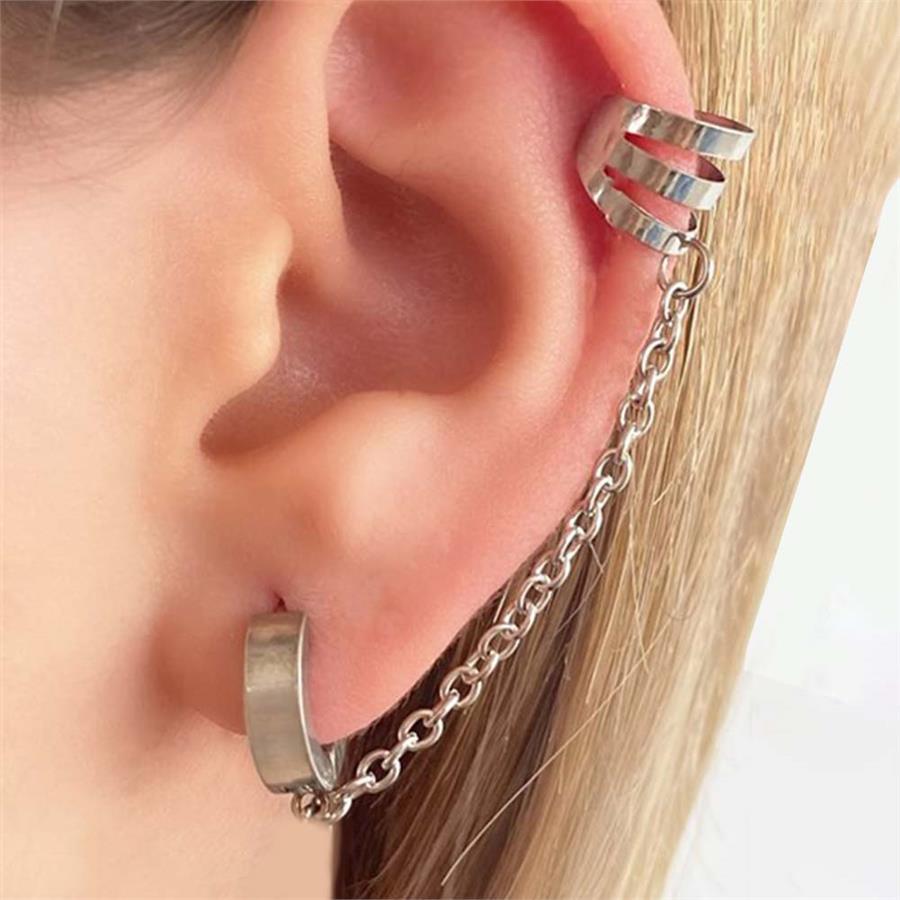 Kesik Halka Detaylı Zincirli Küpe