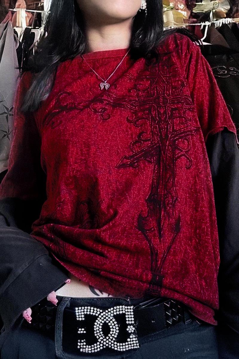 Kırçıllı Bordo Vintage Ancient Cross Cyber Grunge İnce Sweatshirt