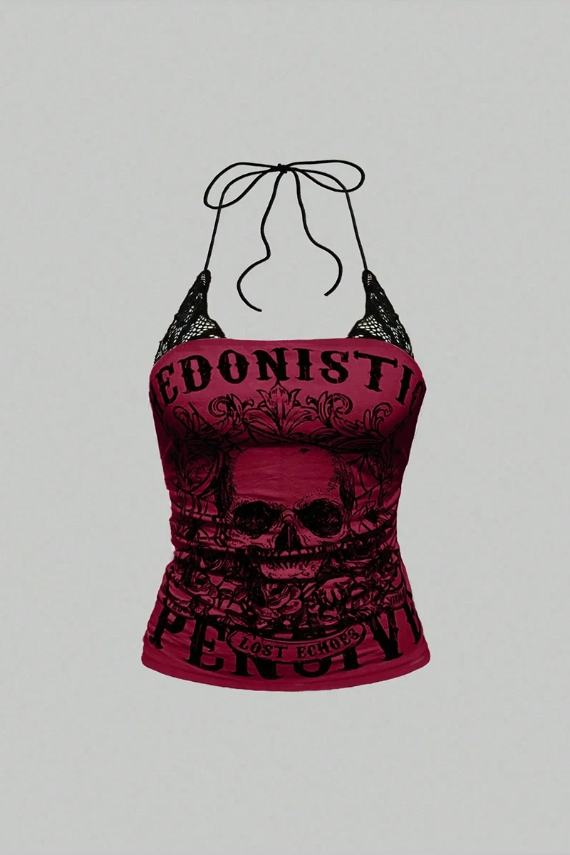 Kırmızı Hedonistic Skull Dantel Detaylı Y2K Askılı Crop