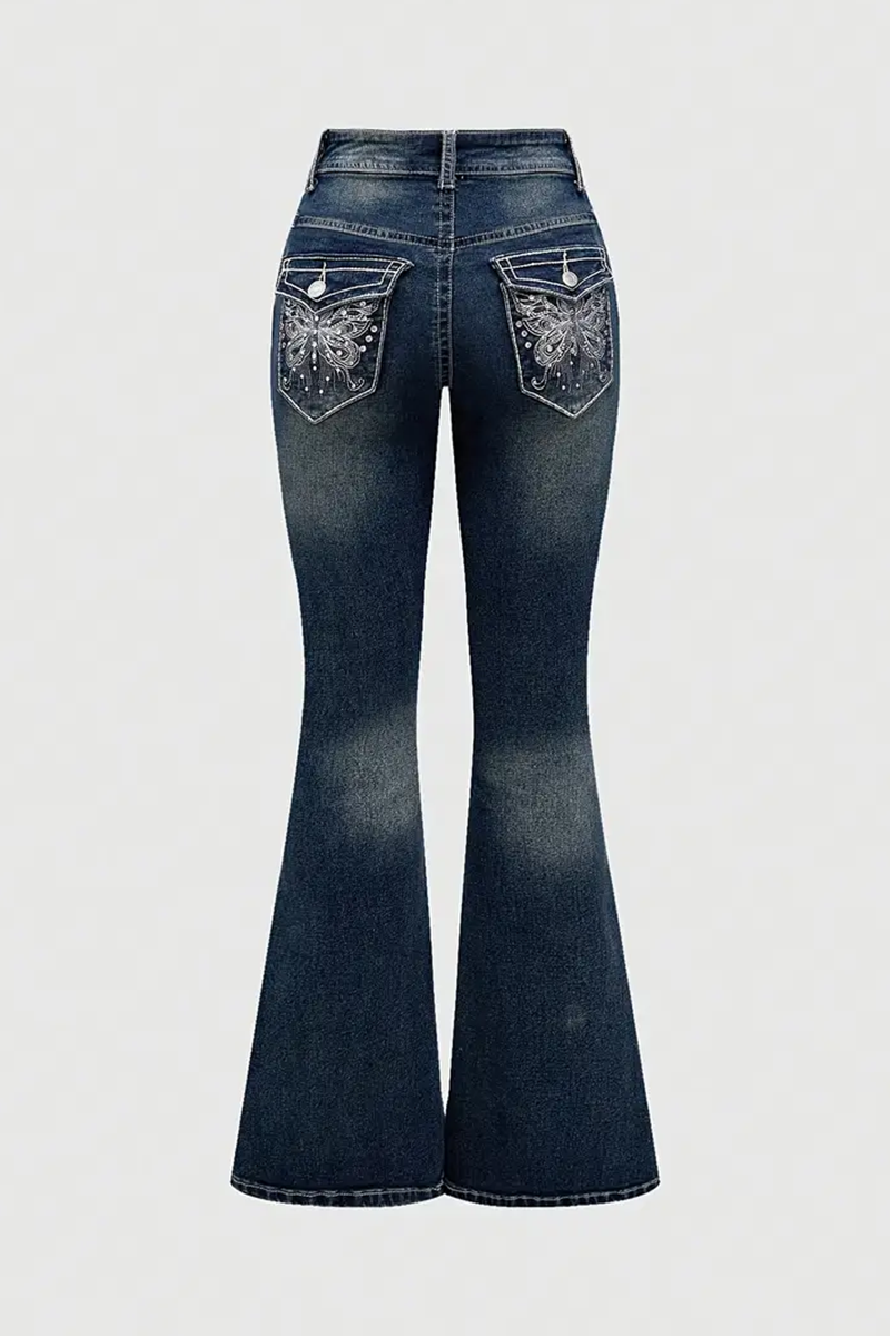 Lacivert Buttefly Cep Detaylı İspanyol Paça Y2K Pantolon