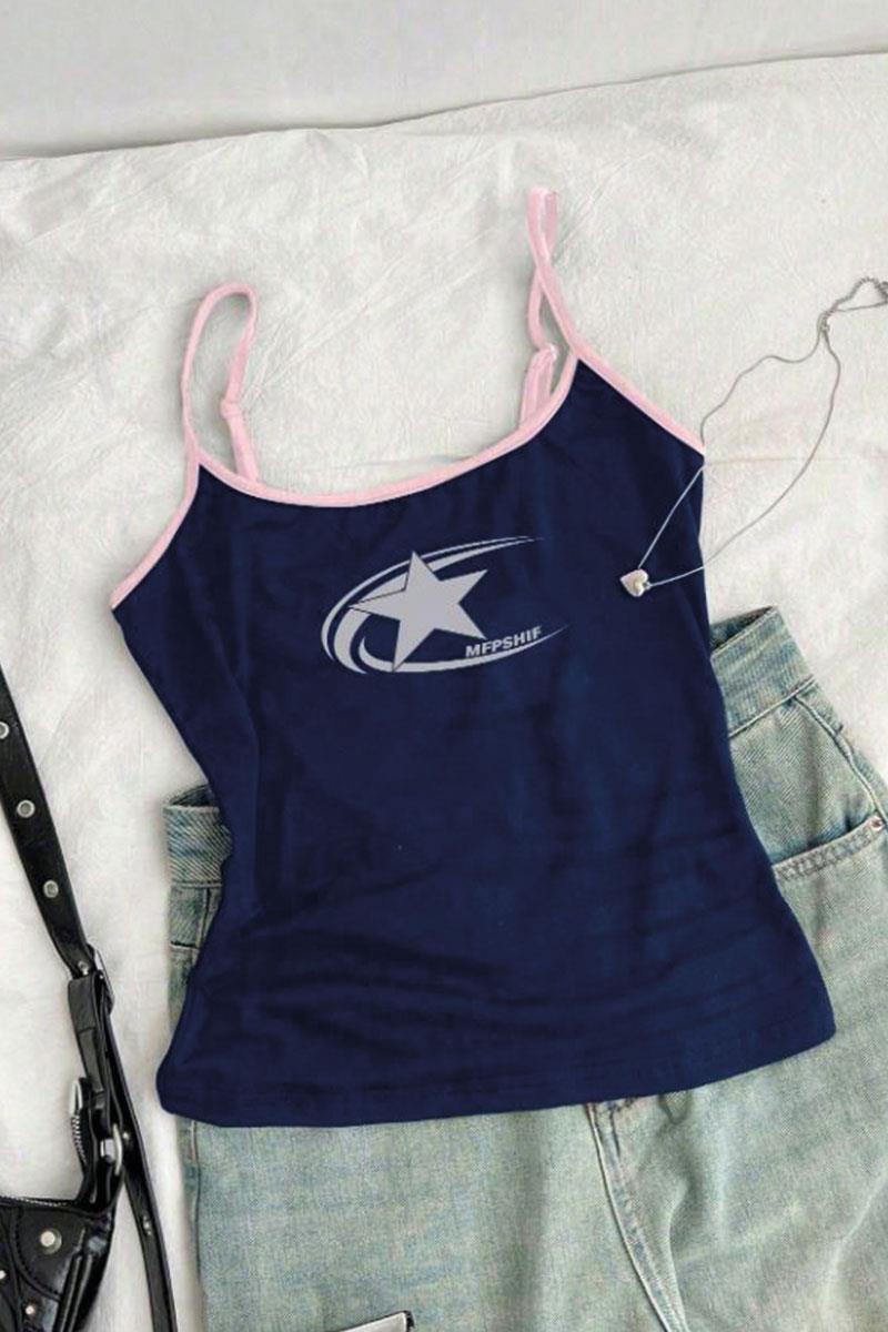 Lacivert Cosmos Star Graphic Askılı Crop