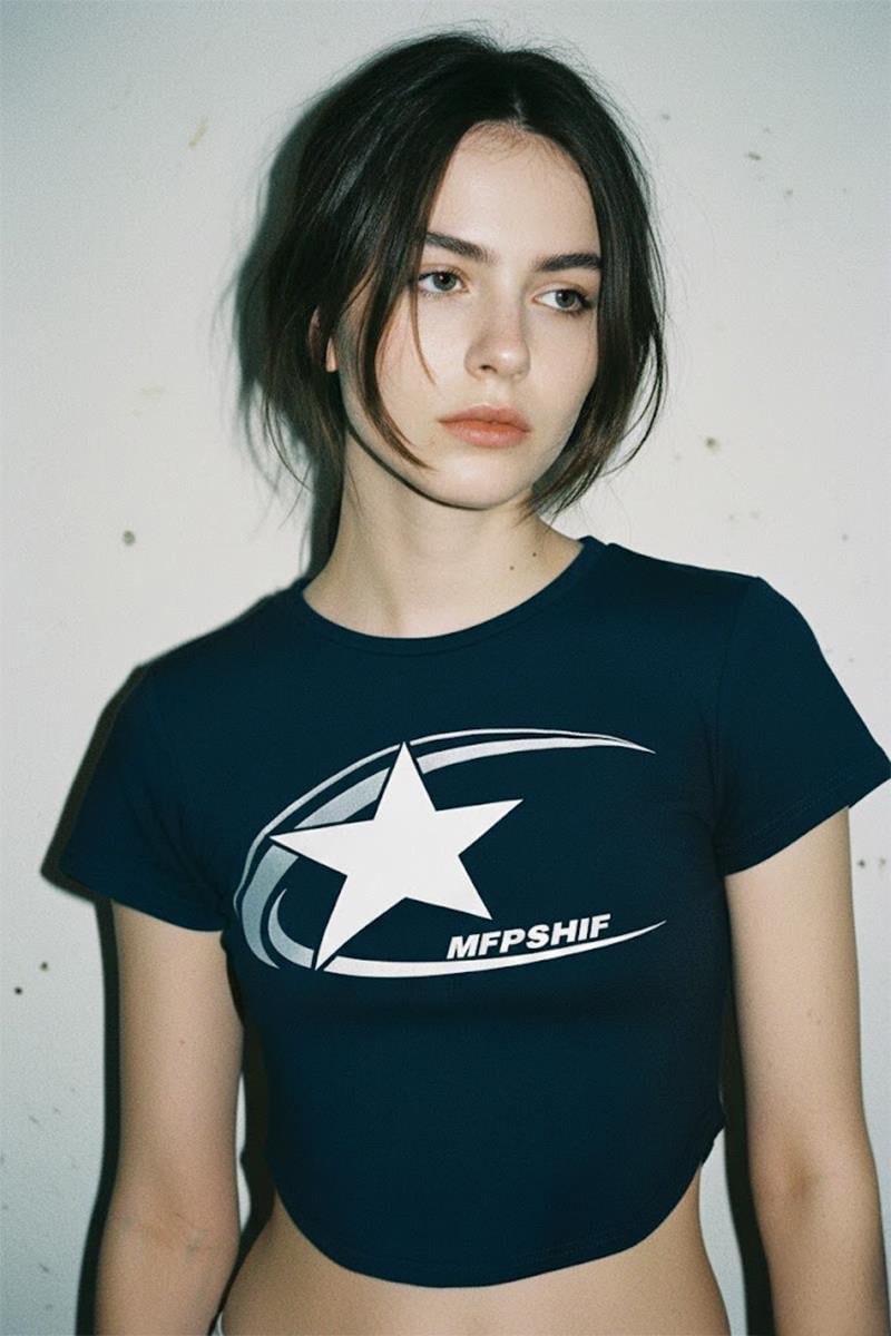 Lacivert Cosmos Star Graphic Y2K Kısa Kollu Crop 