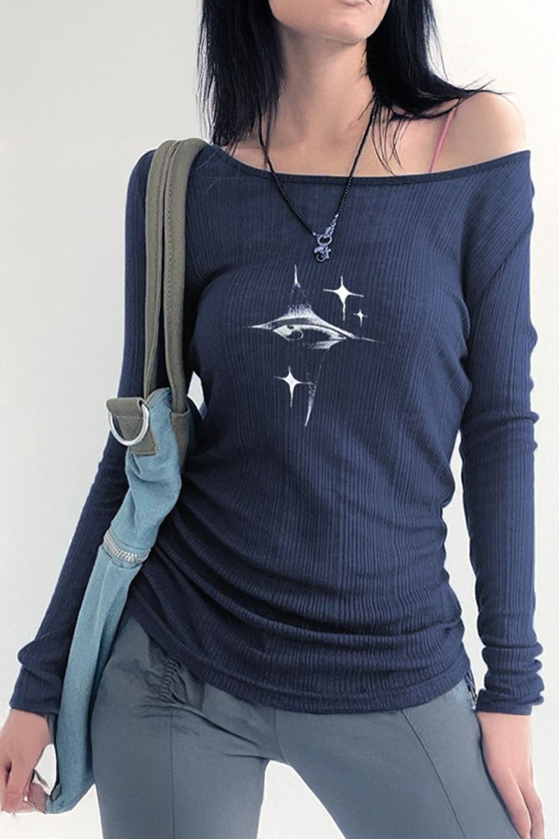 Lacivert Crystal Eye Madonna Yaka Harajuku Y2K Uzun Kollu Crop