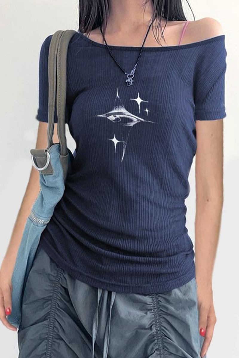 Lacivert Crystal Eye Madonna Yaka Kısa Kol T-shirt