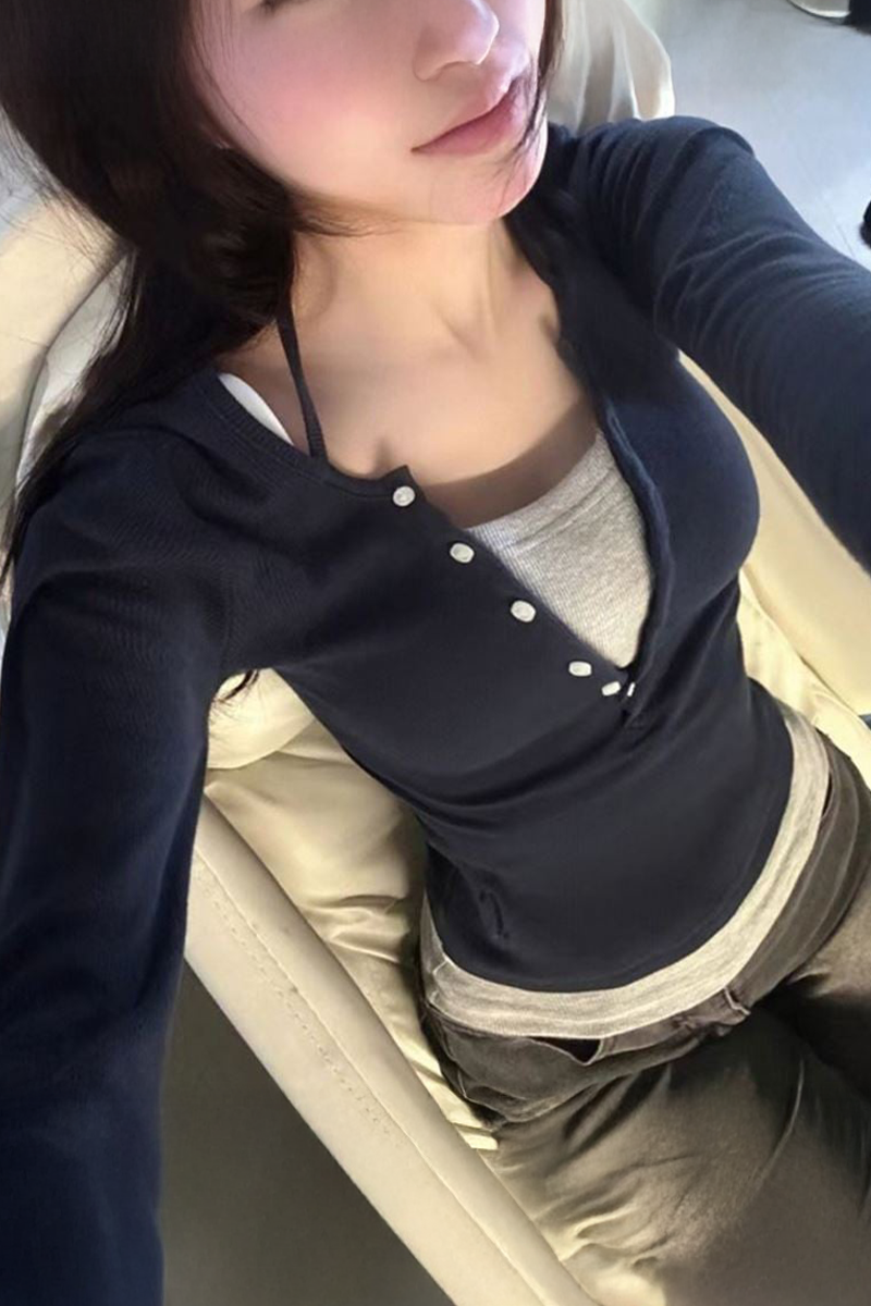 Lacivert Düğmeli Gri Ek Parçalı Uzun Kollu Crop