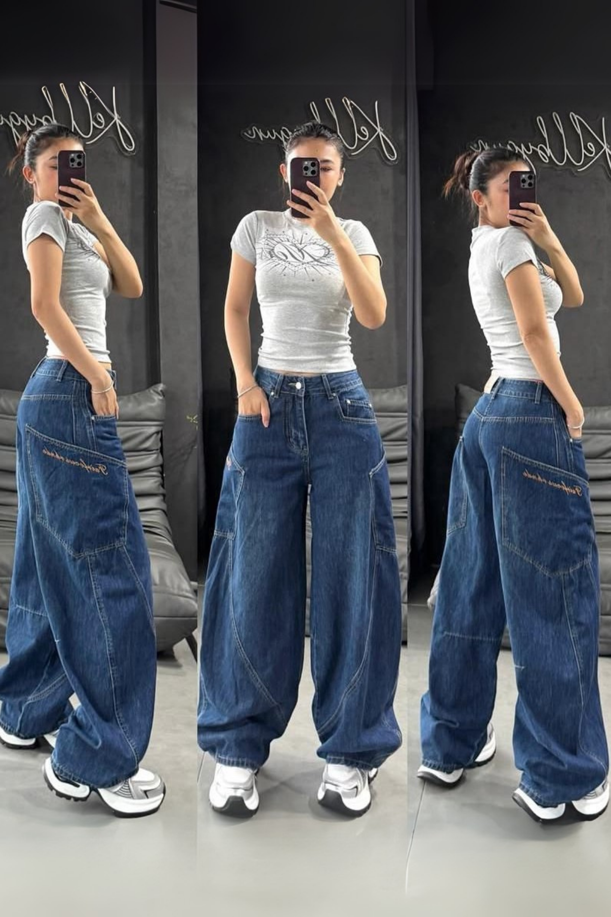 Lacivert Kanguru Cepli Salaş Baggy Kot Pantolon