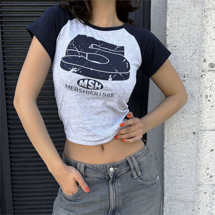 Lacivert Retro 5 Baskılı Kısa Kollu Crop