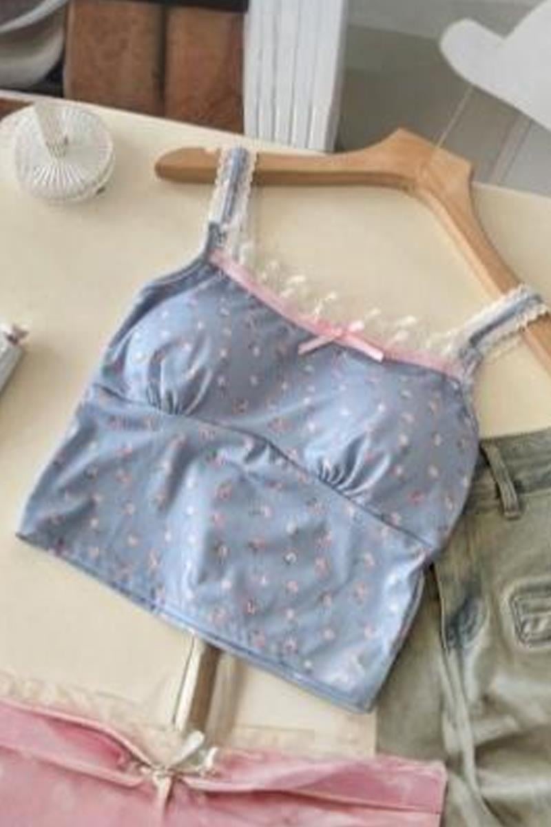 Mavi Çiçek Desenli Gloplu Dantel Detaylı Askılı Crop