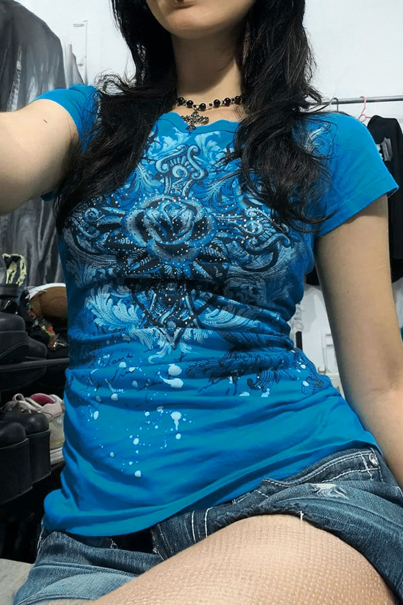 Mavi Gotik Rose Harajuku Y2K Kısa Kollu Crop