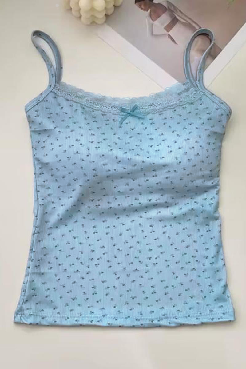 Mavi Minik Fiyonk Ve Çiçek Desenli Y2K Destekli Askılı Crop