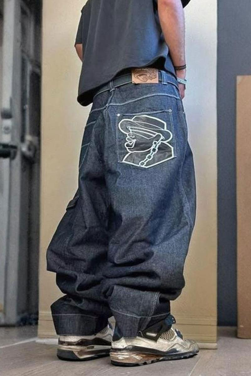 Mavi Skater Arka Cep Çizgi Film Karakteri Yamalı Baggy Pantolon
