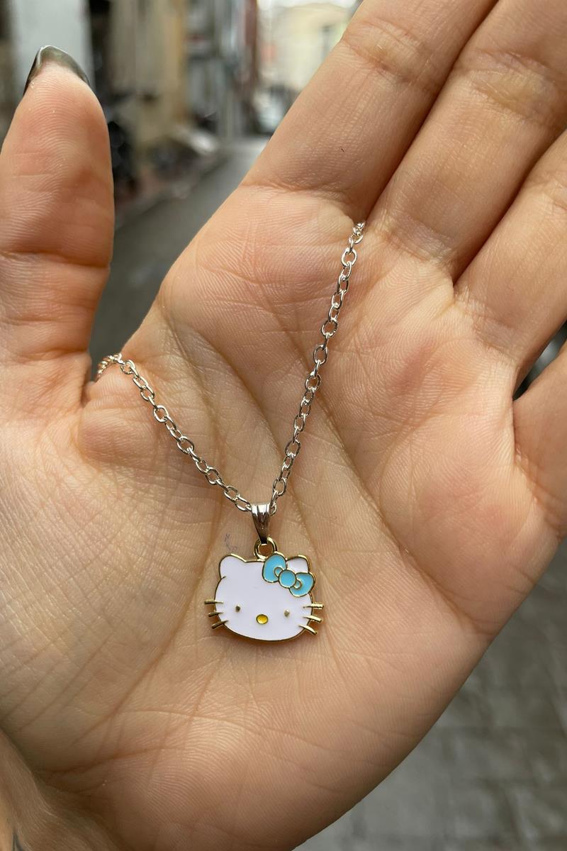 Mavi Tokalı Hello Kitty Face Kolye